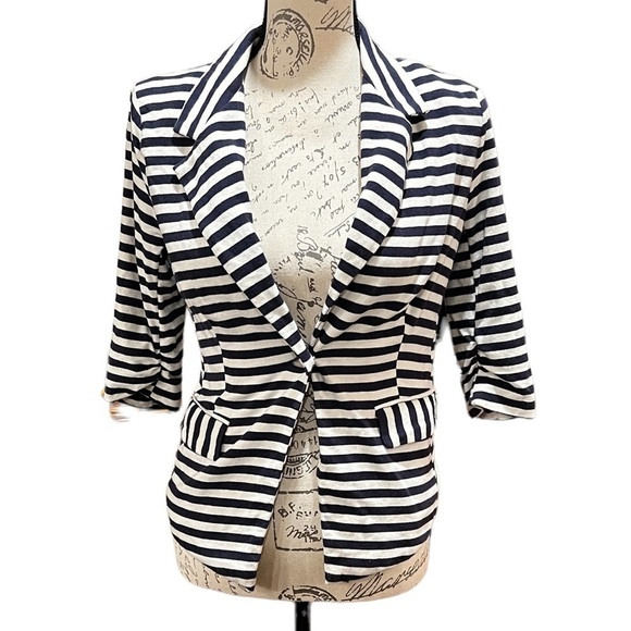 Navy blue and cream striped cotton jacket size S - Picture 1 of 5